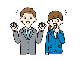 笑顔で喜ぶ、若い男女の会社員のベクターイラスト素材＿＿線の編集可能＿カラー