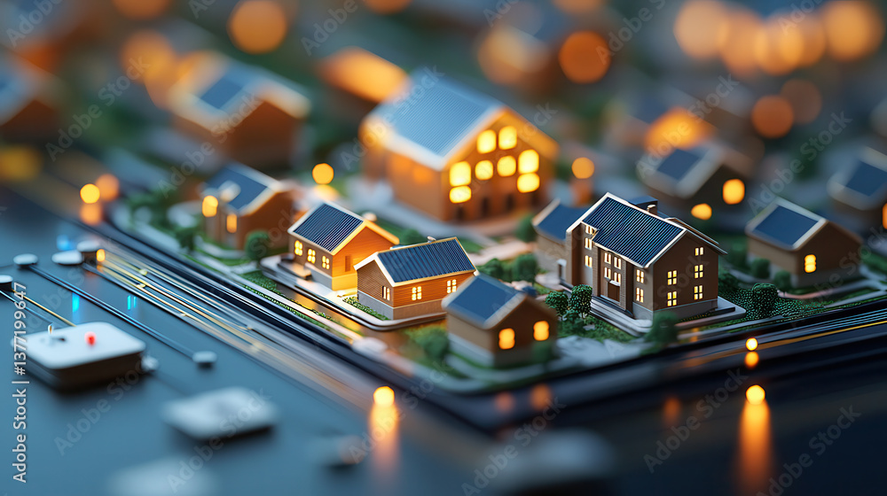 Poster conceptual image of digital twin city showcases illuminated miniature buildings on circuit board, sy