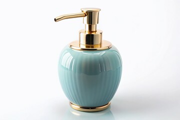 Elegant Light Blue Ceramic Soap Dispenser with Gold Pump - Bathroom Accessory Stock Photo