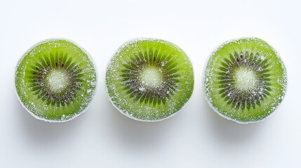 Frozen kiwi slices arranged on a white background  