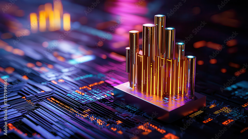 Poster conceptual image of artificial intelligence algorithms is depicted with glowing bars on circuit board, symbolizing data processing and futuristic technology