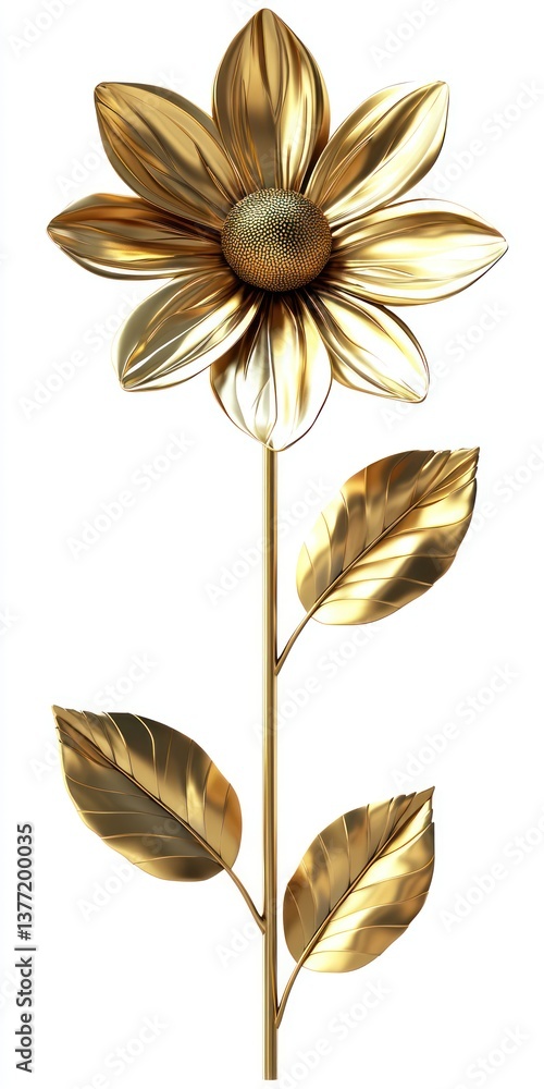 Poster elegant golden flower with detailed petal design and leaf texture in 3d rendering on white backgroun