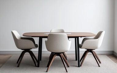 Modern minimalist dining room interior, featuring a rectangular wooden table surrounded by four off-white textured chairs. The chairs have a unique starburst base design and sit on a patterned rug
