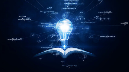 A glowing lightbulb emerges from an open book, symbolizing knowledge, intelligence, and innovation. Mathematical equations and digital graphics spread across a futuristic blue background. © Ar_TH
