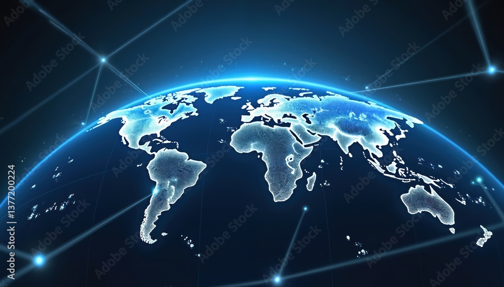 Poster Global network connection concept on world map background. Digital earth, interconnected lines represent worldwide connection, communication. Modern tech cyberspace illustration, for business, social