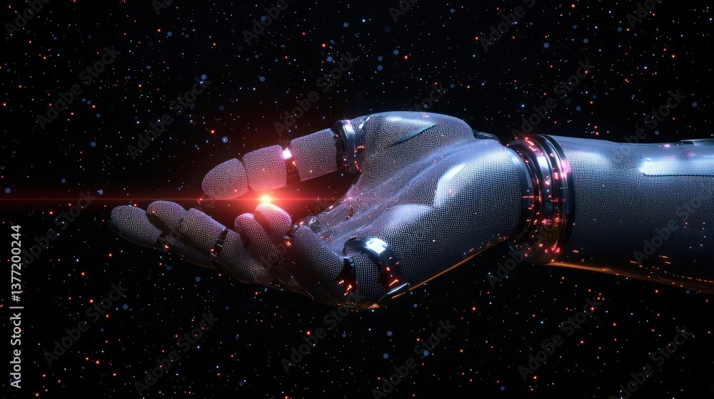Poster futuristic robotic hand reaching for cosmic light in ai and computational science imagery