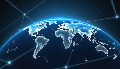 Global network connection concept on world map background. Digital earth, interconnected lines represent worldwide connection, communication. Modern tech cyberspace illustration, for business, social