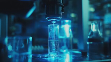 Fototapeta premium Blue Light Experimentation with a Laboratory Microscope on Science Equipment in a Modern Research Facility