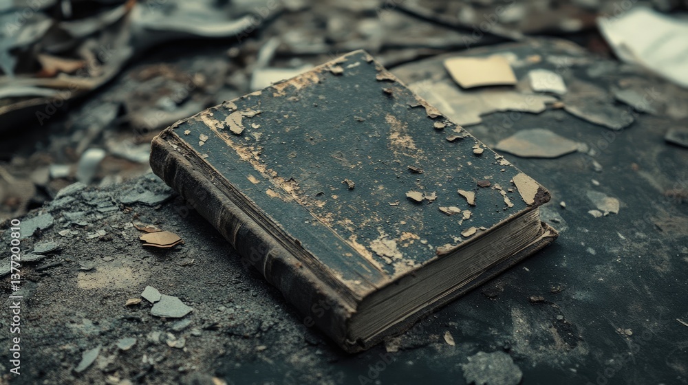 Poster a worn and damaged book lies on a weathered surface, surrounded by debris, evoking a sense of abando