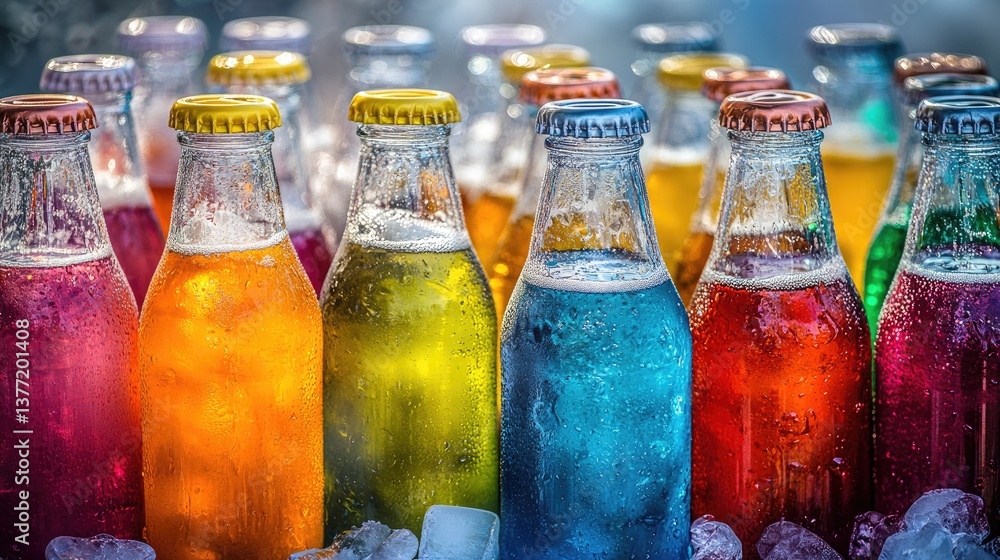 Poster an assortment of colorful, chilled fizzy drink cans and glass bottles like cola and lemon-lime soda,