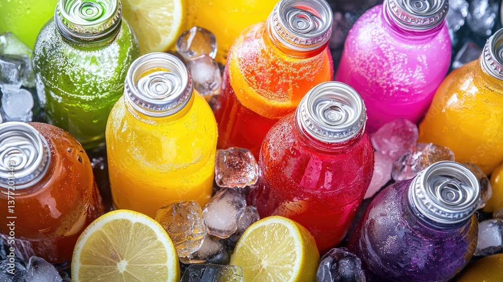 Poster an assortment of colorful, chilled fizzy drink cans and glass bottles like cola and lemon-lime soda,