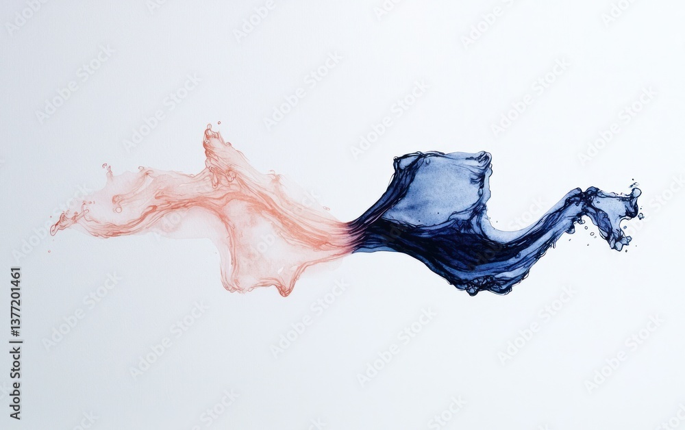 Poster abstract image of two colors flowing into each other. peach and dark blue liquid creating dynamic sh