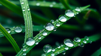 Dew Drops on Grass Blades Close-up