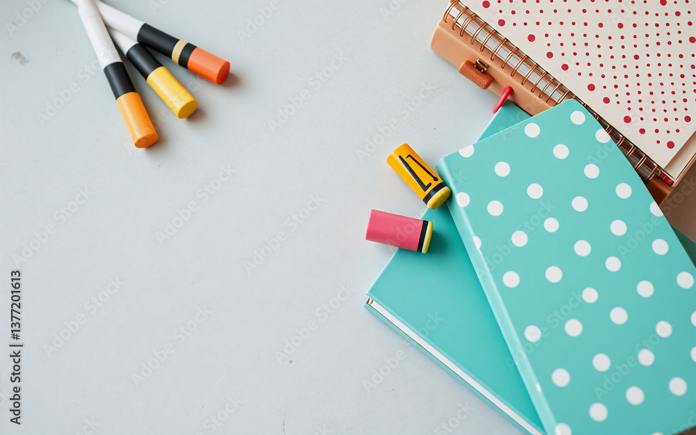 Poster brightly colored markers and notebooks arranged on a clean white surface from an overhead perspectiv