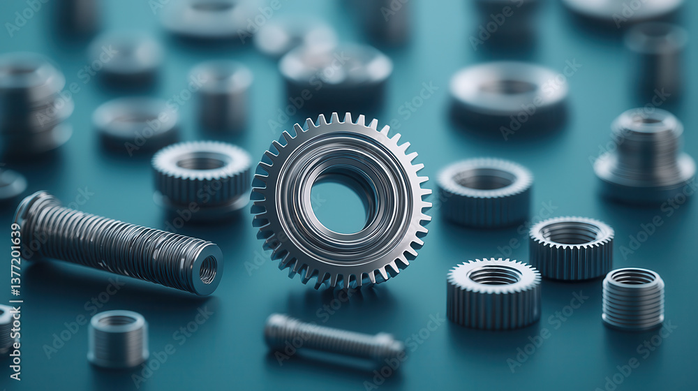 Aufkleber detailed close up of glossy silver gears in varying sizes, showcasing intricate mechanical design and engineering precision. image highlights metallic texture and industrial theme