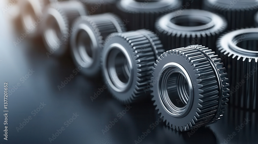 Aufkleber detailed close up of glossy silver gears in varying sizes, arranged in row on reflective surface, sh