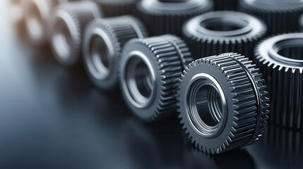 detailed close up of glossy silver gears in varying sizes, arranged in row on reflective surface, showcasing intricate mechanical design and precision engineering
