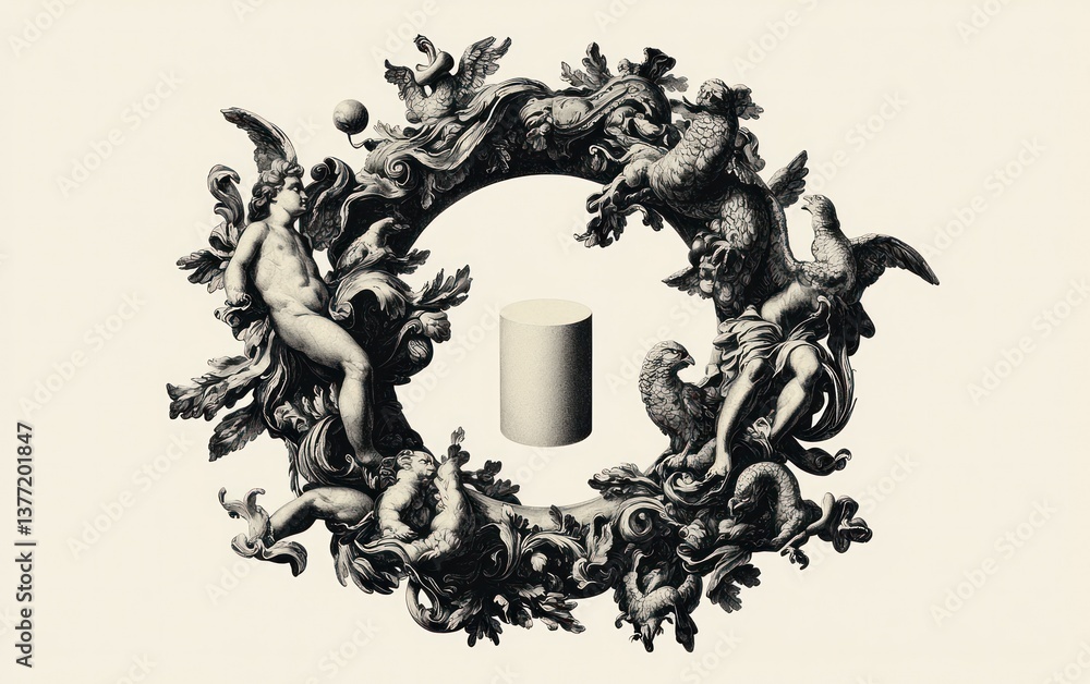 Poster monochromatic artwork featuring a central cylinder surrounded by a circular wreath of stylized figur