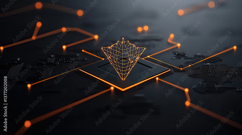 Poster glowing geometric shape hovers above circuit board, symbolizing advanced technology and innovation. 