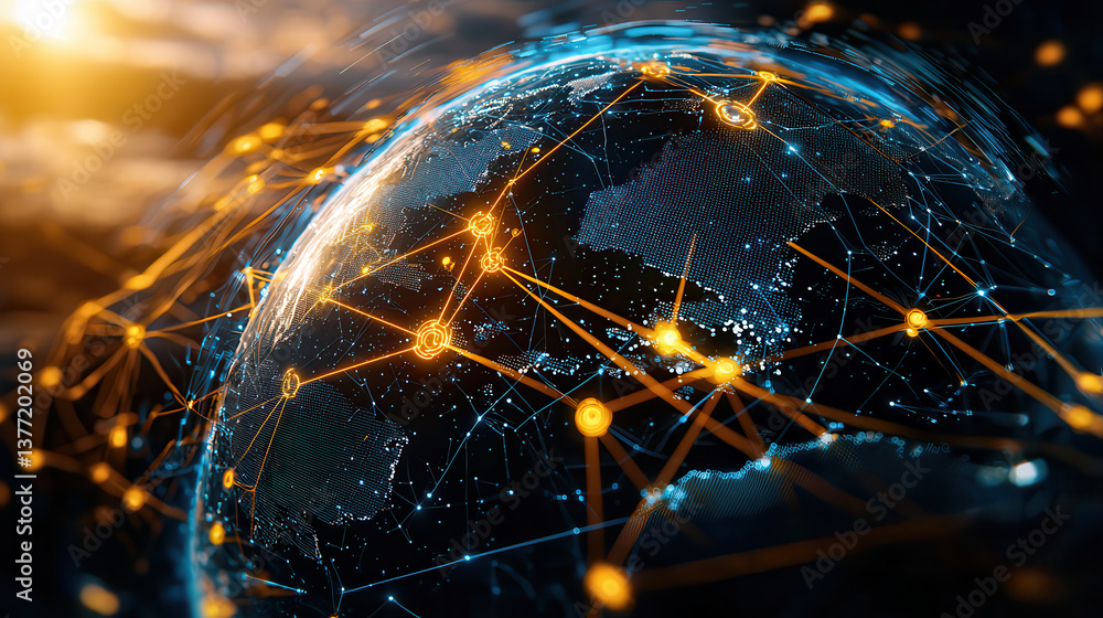 Poster digital globe with interconnected lines represents global communication and technology. glowing network highlights connectivity and innovation, set against dark background