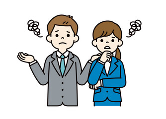 困り果てる、若い男女の会社員のベクターイラスト素材＿＿線の編集可能＿カラー