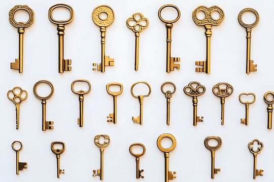 Collection of vintage golden keys on white background. Antique keys pattern for design