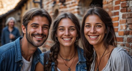Fototapeta premium Happy friends smiling in historical European town square background portrait photo 