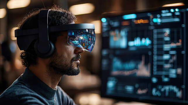 man wearing augmented reality glasses is focused on digital workspace with holographic projections and data visualizations on screen. setting is modern and tech driven