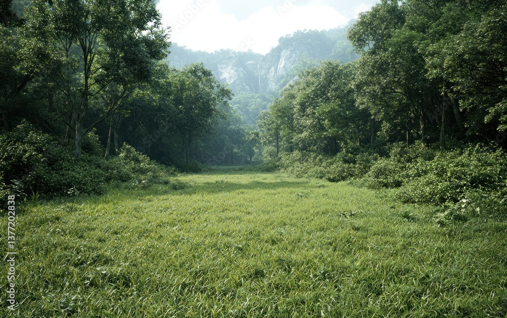 Poster lush green field, sunlight filtering through dense forest canopy, creating a tranquil atmosphere. ve
