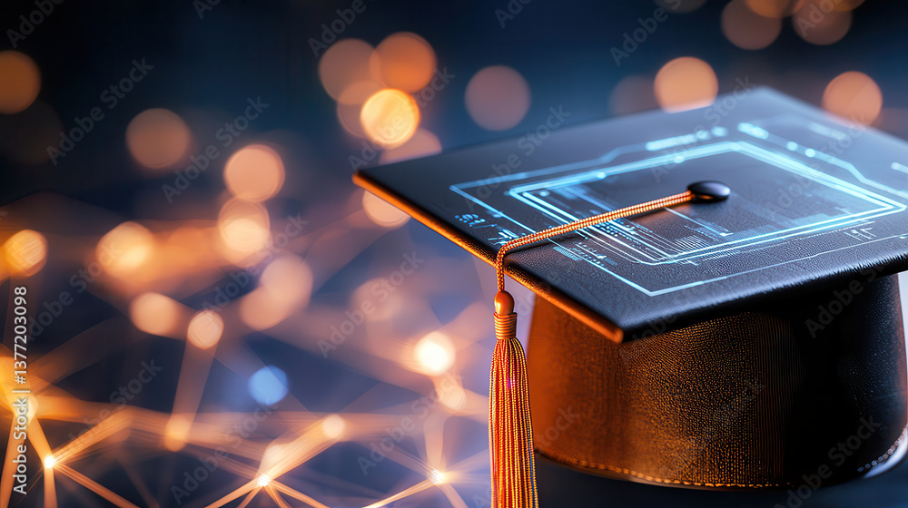 Poster futuristic graduation cap with advanced technology, featuring digital interfaces and glowing element
