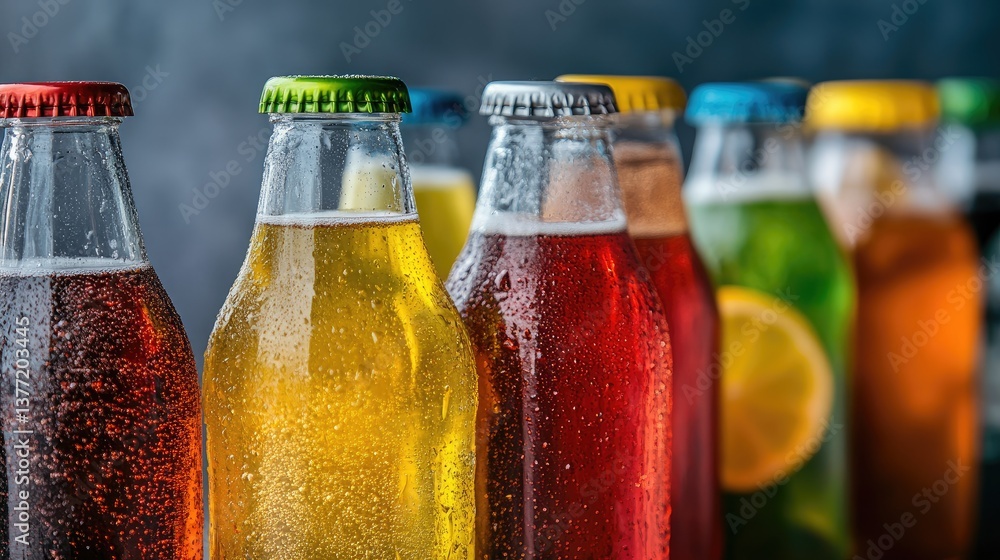 Poster close-up of assorted chilled glass bottles and cans of fizzy drinks such as cola and lemon-lime soda