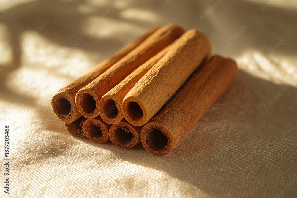 Poster close up of a stack of cinnamon sticks on a textured surface