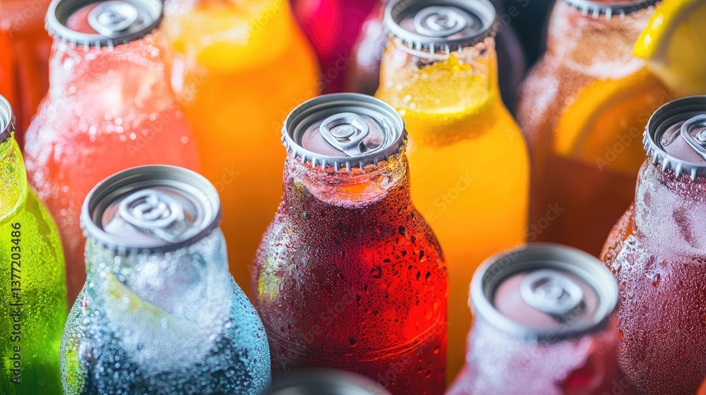 Poster close-up of assorted chilled glass bottles and cans of fizzy drinks such as cola and lemon-lime soda