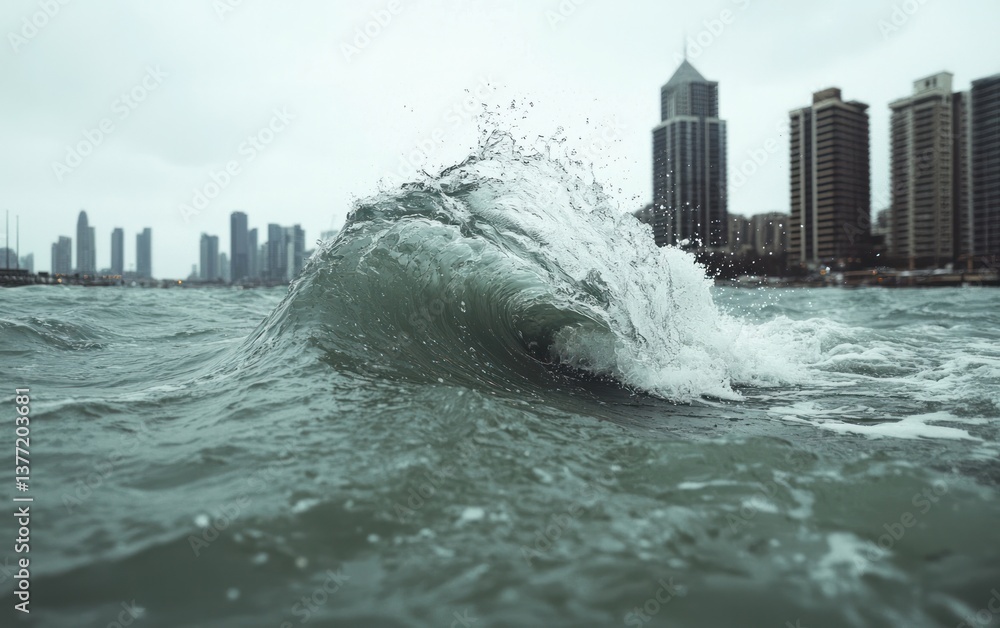 Poster close-up view of a wave splashing, with a city skyline in the background on an overcast day. the wat