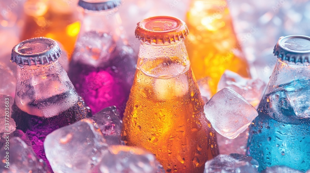 Poster close-up of ice-cold soda bottles surrounded by fresh ice cubes, offering a refreshing and cool summ