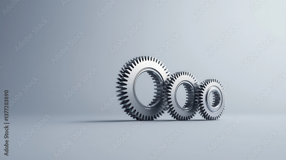 Aufkleber three shiny silver gears of varying sizes are aligned in row on smooth, light gray background, symbo