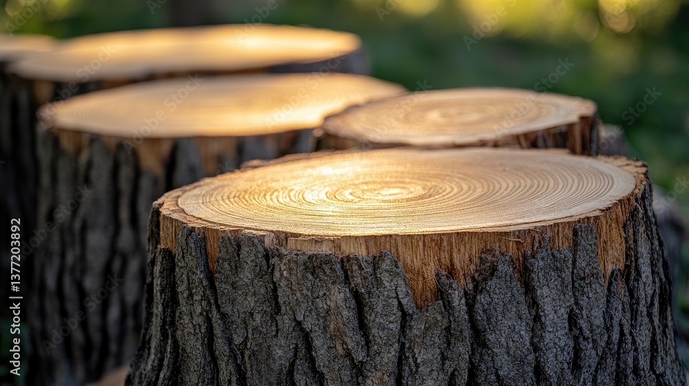 Poster close-up view of tree stumps with visible growth rings, illuminated by soft sunlight in a peaceful n