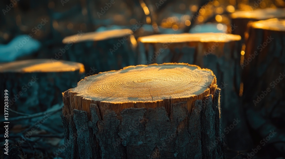 Poster close-up view of tree stumps with visible growth rings, illuminated by soft sunlight in a peaceful n