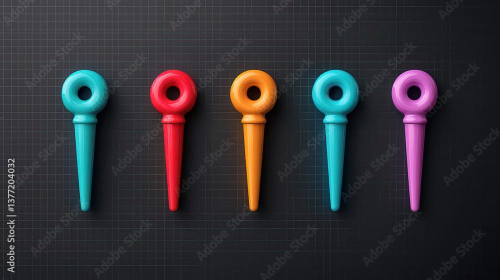 Aufkleber polished arrangement of five colorful 3d map pins on dark grid background creates vibrant and modern