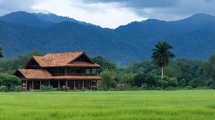 Fototapeta premium Quaint house situated in a lush green field highlighting the charm of rural lifestyle and natural surroundings 