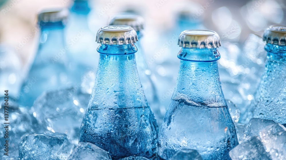 Poster Cold soda bottles resting in ice, creating a refreshing summer drink scene that captures the chill of a hot day.