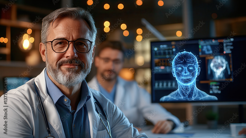Poster team of doctors collaborates on medical case using advanced technology, with focus on digital brain 