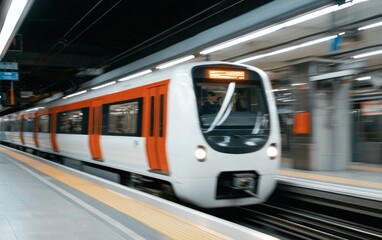 Obraz premium Modern train arriving at a subway station platform. The train is predominantly white and orange, with sleek lines and bright lights. Motion blur suggests speed