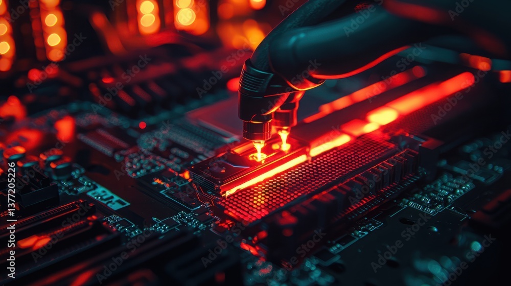 Poster close-up of advanced technology interaction in neon lighting with robotic arm and circuit board comp