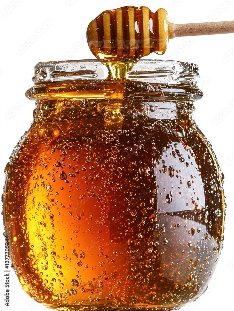 Poster close-up of honey jar with dripping honey and bubbles against a white background in a 3d style