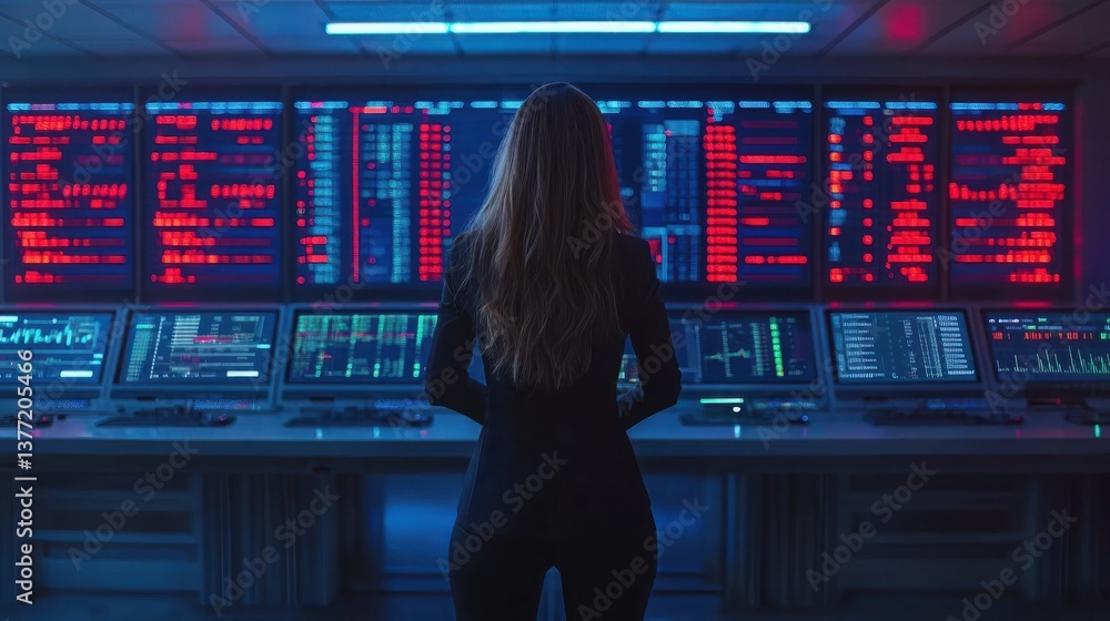 Poster futuristic woman observing data on multiple screens in a high-tech control room environment
