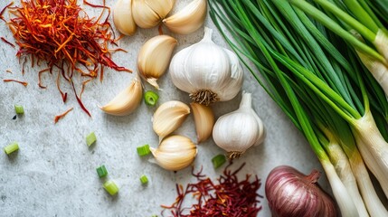 Fresh garlic cloves, vibrant saffron strands, and green onions arranged on a white chopping board, highlighting essential culinary ingredients for cooking.