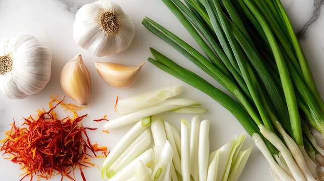 Fresh garlic cloves, vibrant saffron strands, and green onions arranged on a white chopping board, highlighting essential culinary ingredients for cooking.