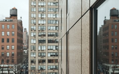 Cityscape view from a modern building with textured exterior, showcasing apartment buildings in the background on an overcast day.  The image features neutral colors and a slightly blurred