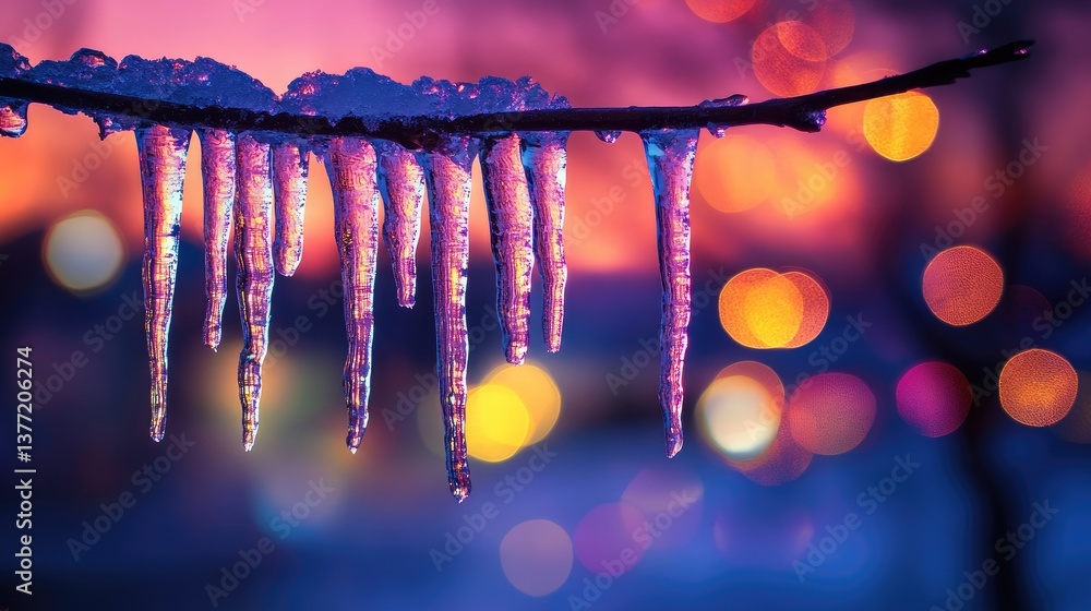 Poster icicles hang from a branch, catching the glow of a colorful sunset, with bokeh lights in the backgro